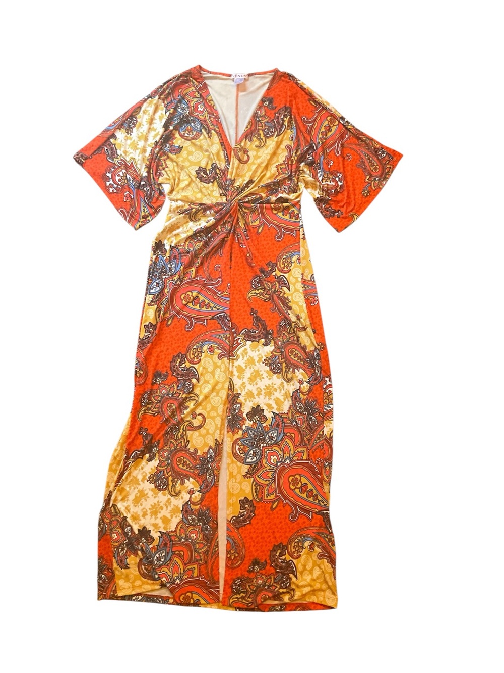 VENUS Orange and Coral Paisley Twist-Front Maxi